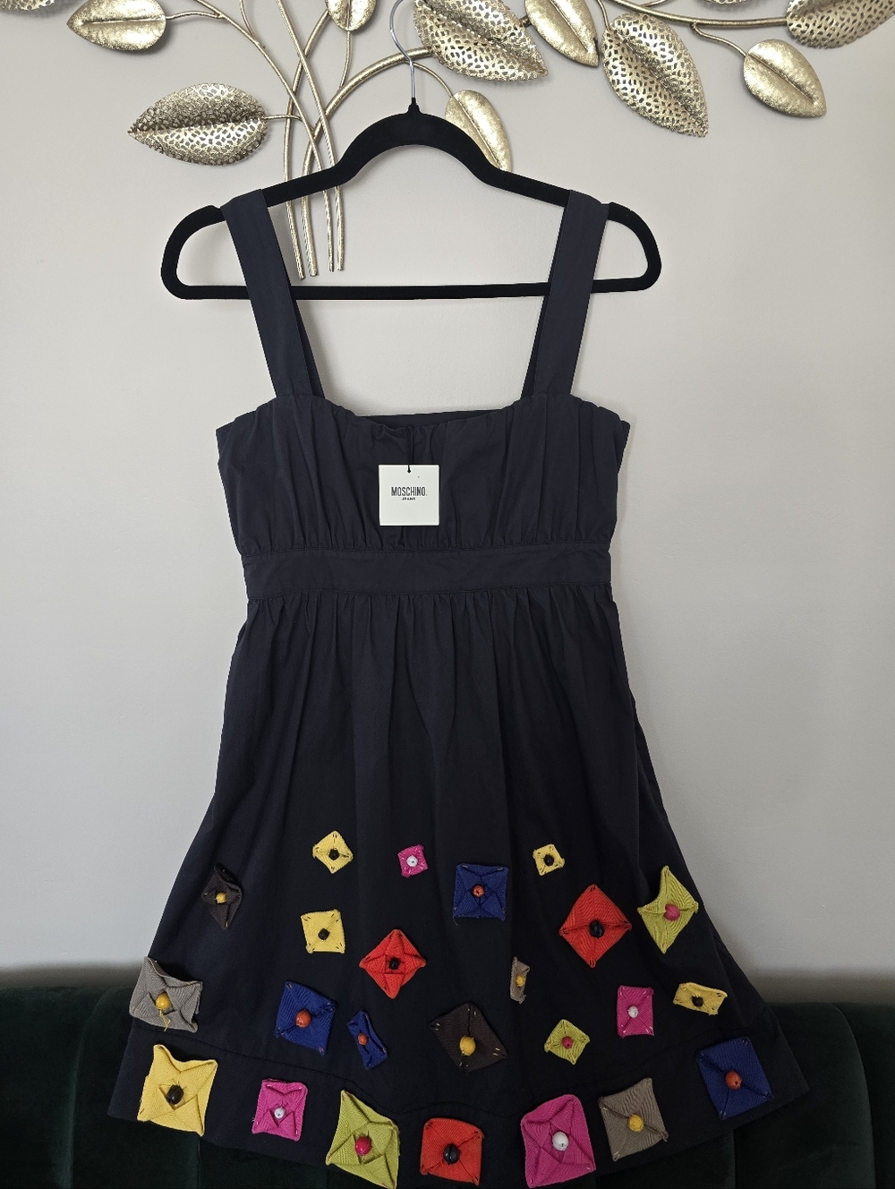 NWT Moschino Jeans Black Sundress with Multicolor Square Accents Size 4 Cotton